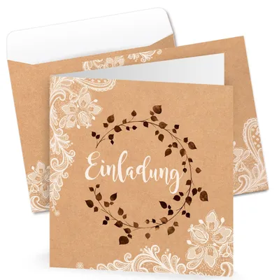 Produktbild von Logbuch-Verlag 10 Einladungskarten + Kuverts quadratisch Kraftpapier braun Spitze Boho Vintage Stil Einladung Karte Hochzeit Hochzeitseinladung20 Stück