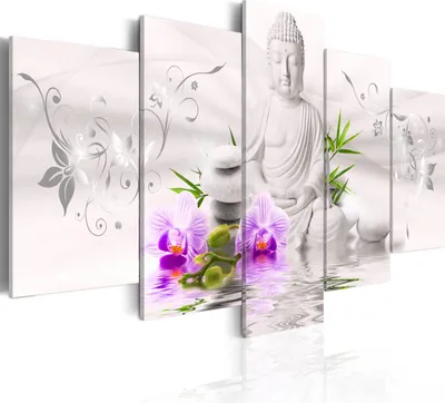 Image de Toiles 200 x 100 cm b-A-0020-b-n Toile intissé Toile 5 pièces Impression artistique moderne Tableaux muraux XXL Décoration murale Design Tableau mural BOUDDHA FLEURS