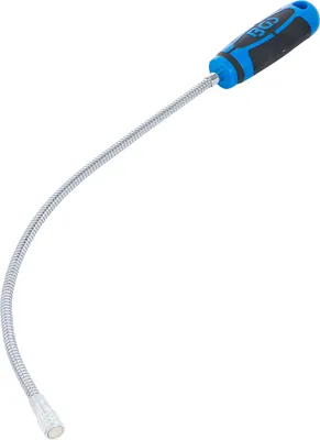 A flexible magnetic pickup tool with a blue and black handle.