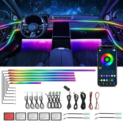 Zdjęcie produktu dla Zestaw oświetlenia wnętrza samochodu z akrylu, 18 w 1, 593 diody LED, światłowody, synchronizacja z muzyką, RGB, 16 milionów kolorów, 213 trybów