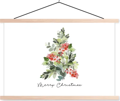 Produktbild von MuchoWow® Textilposter Weihnachtsbaum - Aquarell - Zitat 120x80 cm mit holzfarbenen Rahmen - Aufhängeset
