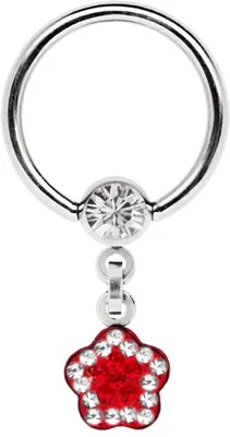 Produktbild von Intimpiercing Ring Stahl 1,6 x 12 mm und 5 mm Stein-Kugel mit Kette + Kleeblatt mit Steinen in klar-rot