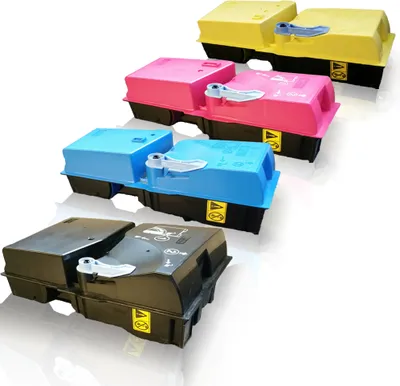 Four toner cartridges in different colors are arranged diagonally on a white background.