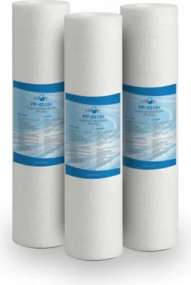 Zdjęcie produktu dla Filtr osadów Bellerofonte filtr do wody meltblown 10 cali 5 mikronów z polipropylenu. Usuwa piasek, cząsteczki rdzy i zawieszone zanieczyszczenia do 5 mikronów, 3 sztuki