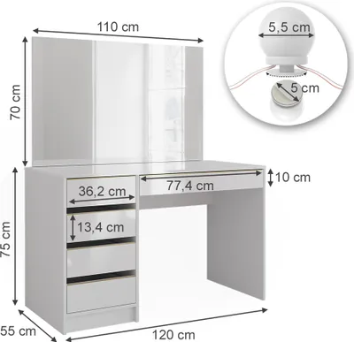 Produktbild von Schminktisch Vicco Sherry Weiß/Gold 120 cm mit LED Beleuchtung, Model 47712