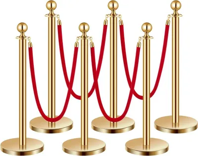 Produktbild von 6 Stück goldene Absperrpfosten, 4 rote Samtseile, Sandgefüllter Hohlfuß