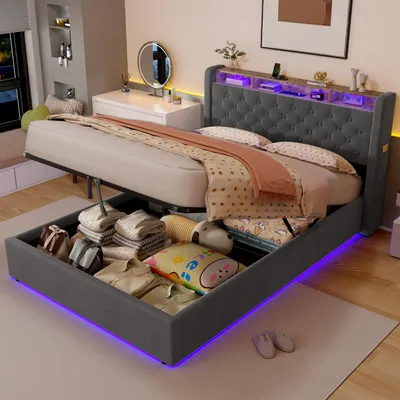Image de Lit capitonné 140×200 avec prise électrique et éclairage LED, lit double avec tête de lit de rangement,lit pour adolescent en gris foncé,sans matelas