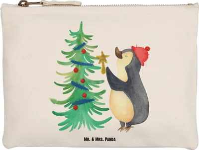 Produktbild von Mr. & Mrs. Panda Kosmetiktasche Pinguin Weihnachtsbaum Größe M - Weiß - Geschenk, Etui, Federtasche, Schlampermäppchen, Weihnachten, Kulturbeutel, Winter, Stoffbeutel