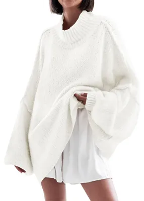 Zdjęcie produktu dla Sweter damski, oversizowy - Rękawy "nietoperz" - Wysoki kołnierz - Styl casual - Dzianina strukturalna - Miękki i ciepły materiał - Sweter