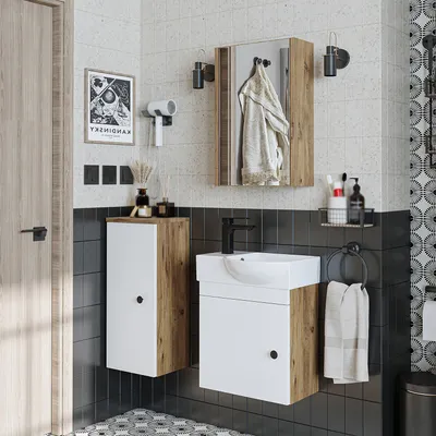 Produktbild von Roomart PUNTO Badmöbel-Set 4-teilig 46.5 cm breit, Weiß-Eiche