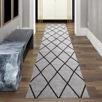 Produktbild von Teppich Skandinavischer Stil Wohnzimmer Rautenmuster - pflegeleicht - grau schwarz Größe - 80 x 300 cm