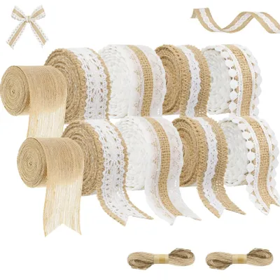 Image de Lot de 10 rubans en jute avec bordure, dimensions 5 x 2 mètres