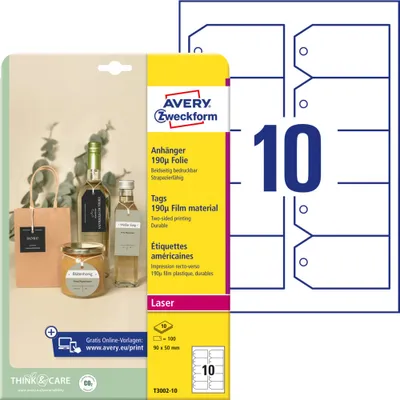 Produktbild von Avery Zweckform T3002-10 Anhänger, 90 x 50 mm, beidseitig beschichtet, 100 Stück / 10 Bogen