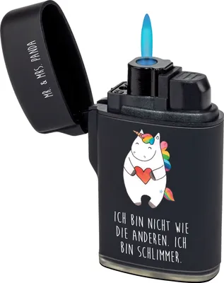Produktbild von Mr. & Mrs. Panda Feuerzeug Einhorn Herz - Schwarz - Geschenk, Unicorn, Lustig, Zünder, Freundin, Feuerzeuge, sturmfeuerzeug, Einhörner, anzünder, zigarettenanzünder