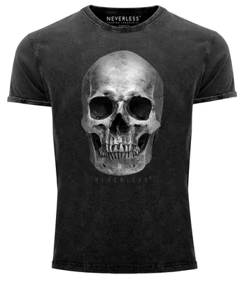Produktbild von Herren Vintage Shirt Totenkopf Skull Totenschädel Aufdruck Print Motiv Fashion Streetstyle Used Look Neverless® schwarz L