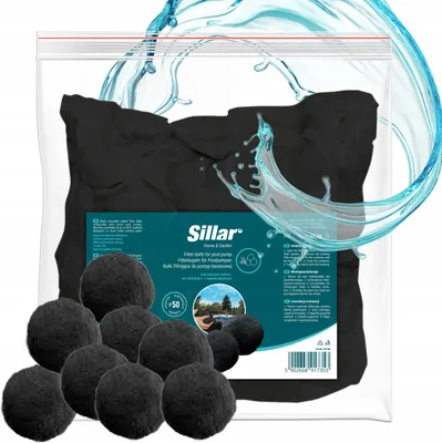 A bag of black filter balls for a pool pump, with water splashing around it.