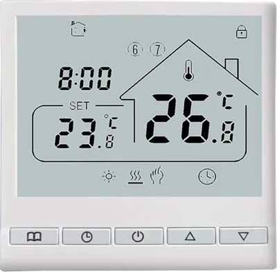 A digital thermostat display showing time, set temperature, and current temperature.