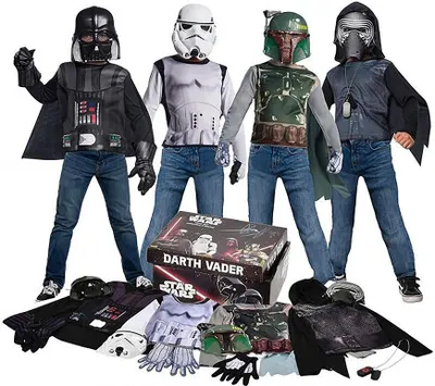 A collage of Star Wars costumes for children, including Darth Vader, Stormtrooper, Boba Fett, and Kylo Ren, with accessories laid out below.