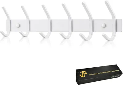 Imagen del producto de Percha de pared con 6 ganchos, de acero inoxidable, color blanco, para baño y cocina