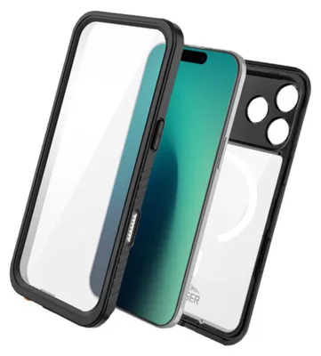 Zdjęcie produktu dla Etui ochronne Eiger MagSafe 360 zapewniające kompleksową ochronę dla iPhone'a 17 Pro, wodoodporne (IP68), przetestowane na upadki z wysokości 2 metrów, kolor: czarny / przezroczysty