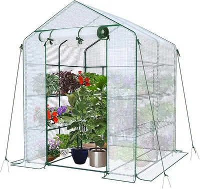 Productafbeelding van Kas, foliekas, tuinhuis met 8 planken, tomatenkas, wit, 143x143x195 cm