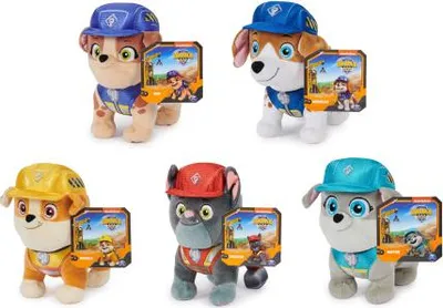 Five Paw Patrol Rubble & Crew plush toys are displayed against a white background.
