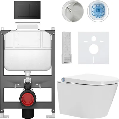 Productafbeelding van CERANO - Hangtoilet met bidet, Cronus Pro - wit, glanzend - bedieningsplaat Prime/Maxio, zwart - bediening bovenop - voor wandmontage/installatie in gipsplaat - 59,3 x 38,4 cm