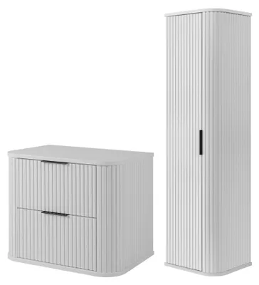 Image de Ensemble de meubles de salle de bain comprenant un meuble vasque et une armoire haute, de couleur blanche, dimensions : 60 x 52 x 42 cm