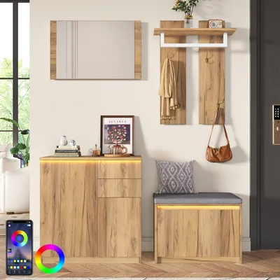 Image de Ensemble de rangement Merax, armoire d'entrée avec miroir, meuble à chaussures, banc à chaussures, tringle à vêtements et 4 crochets, ensemble de rangement avec éclairage LED, meubles d'entrée, style naturel