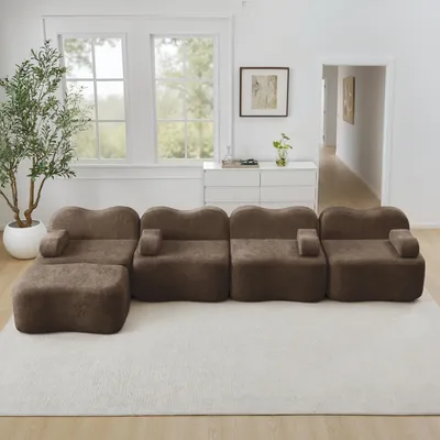 Produktbild von MODFU 4-Sitzer L-förmiges Sofa,Ecksofa mit Armlehnenkissen und Tiefe Sitzkissen,Zweisitzer Sofa mit Wellenform und 1 Ottoman,Schlafsofa mit Rahmenlose,Samt,Braun