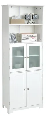 Produktbild von Badezimmerschrank Hochschrank mit Glastüren & Regalen Weiß MDF