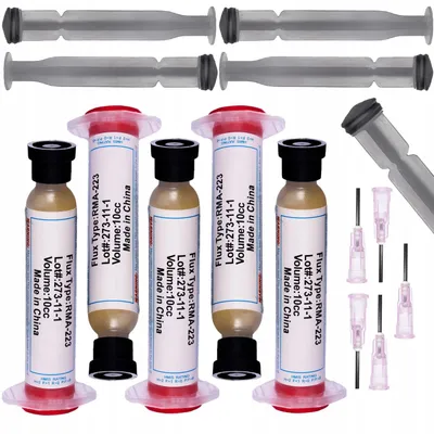 Productafbeelding van 5x RMA-223 soldeermiddel met applicator en spuitmond