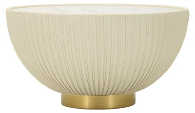 Immagine prodotto di Tavolino da Caffè Elge - Design Glam con Base Scanalata e Top Effetto Marmo, Dettaglio Dorato, Ø 71x38 cm - 940