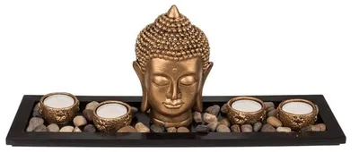 Produktbild von Dekoratives Holzbrett mit 4 Kerzen und Buddha-Kopf