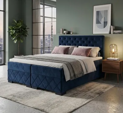 Produktbild von Boxspringbett CARMEN 160 cm x 200 cm Amor Velvet 13 Blau Bett mit zwei Bettkästen und H3 Matratze,Komplett-Set mit Matratze und Topper, mit Kristalle