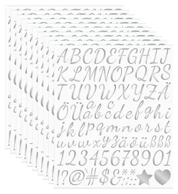 Produktbild von Buchstaben Aufkleber Set - 10 Blätter mit 1 Zoll großen silbernen Buchstaben, Zahlen und Symbolen - Wasserfeste PVC Sticker für DIY-Projekte