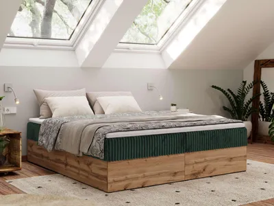 Produktbild von MKS MEBLE Boxspringbett, Polsterbett WOOD ZERO ohne Kopfteil, mit Stauraum & Bettkasten, 7-Zonen-Taschenfederkernmatratze, modernes Doppelbett in Holzoptik - Dunkelgrün Cord - H3 - Topper T25