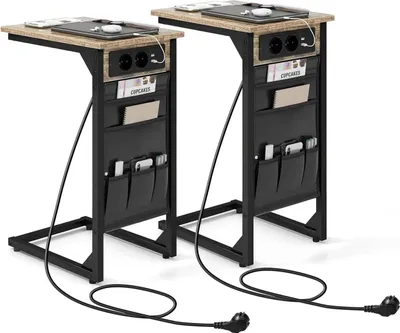 Immagine prodotto di Tavolino - Set di 2 tavolini a forma di C per divano/comodino - Stazione di ricarica e porte USB - Tasca laterale - 40 x 30 x 60 cm - Nero