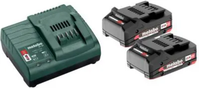 A Metabo battery charger and two batteries are shown against a white background.