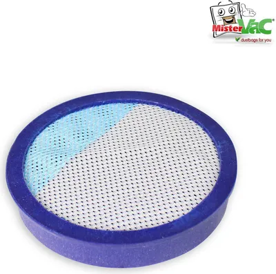A round filter with a blue rim and a mesh surface divided into two sections, one light blue and one white, on a white background. A logo is present in the top right corner.