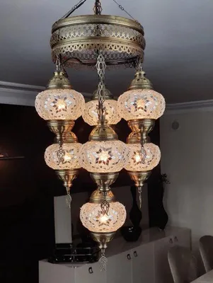 Obrázok produktu pre 7-glóbusová priehľadná mozaiková turecká závesná lampa – ručne vyrábané orientálne lustre pre atmosférické osvetlenie