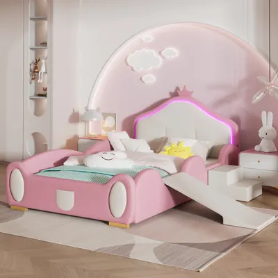 Produktbild von Flieks Kinderbett 90x200cm mit Rutsche und Treppe, Bodenbett Prinzessinbett mit Kronenförmigem Kopfteil, Polsterbett mit Rausfallschutz, Rosa