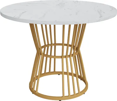 Produktbild von Esstisch Weiss mit metallbein modern kuechentisch fruehstueckstisch Runder Tisch stabiler metallrahmen Schreibtisch Wohnzimmertisch mit Marmormuster Weiss