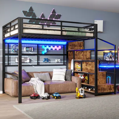 A loft bed with a couch underneath, decorated with LED lights and gaming accessories.