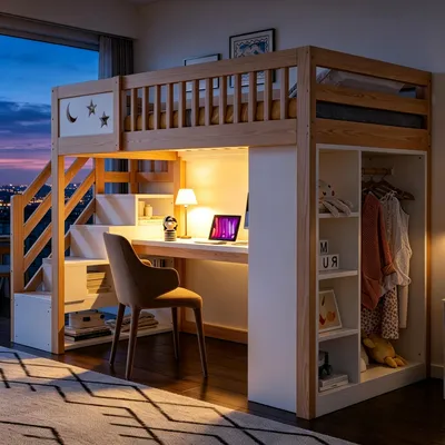 Produktbild von Hochbett 90x200 cm mit Schreibtisch, Kleiderschrank, Regalen, Stauraumtreppe, LED-Beleuchtung & Steckdosen, Sicherheitsgeländer, Holz, Naturholzfarben