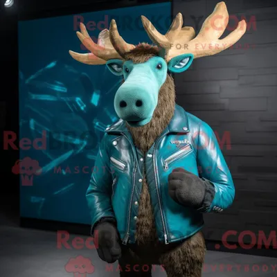 Productafbeelding van Mascot REDBROKOLY karakter van een turquoise eland gekleed met een leren jas en stropdassen