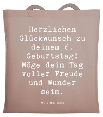 Produktbild von Mr. & Mrs. Panda Jutebeutel Spruch 6. Geburtstag - Braun Pastell - Geschenk, Happy Birthday, Beutel, Meilenstein, umhängetasche baumwolle, Freude, Tasche, Kinderparty