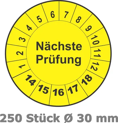 Produktbild von 250 Stück Prüfplaketten für 5 Jahre und 12 Monate, Durchmesser 30 mm rund, Farbe gelb, Aufkleber, Prüfaufkleber, Prüfetiketten, Folienaufkleber mit UV-Schutzlackierung, Prüfung ( Auf-P7 )