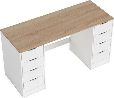 Produktbild von 140 cm Computertisch, 8 Schubladen, Stahl & Holz, Weiß
