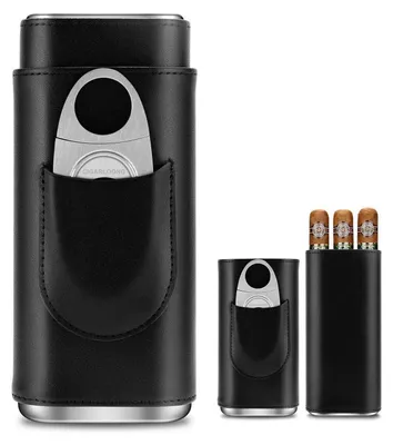 Image de Coffret en cuir pour cigares, capacité pour trois cigares, avec intérieur en cèdre et coupe-cigare en acier inoxydable, couleur noire